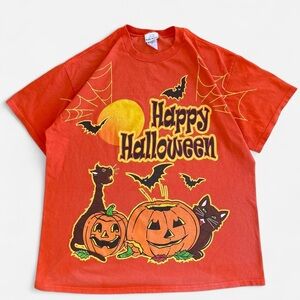 Vintage Bobbie Brooks Orange Happy Halloween Graphic Tee T-Shirt Pumpkins Cats